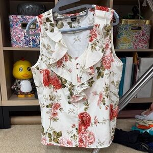 Floral Ruffle Sleeveless Top - Cream with Pink Roses